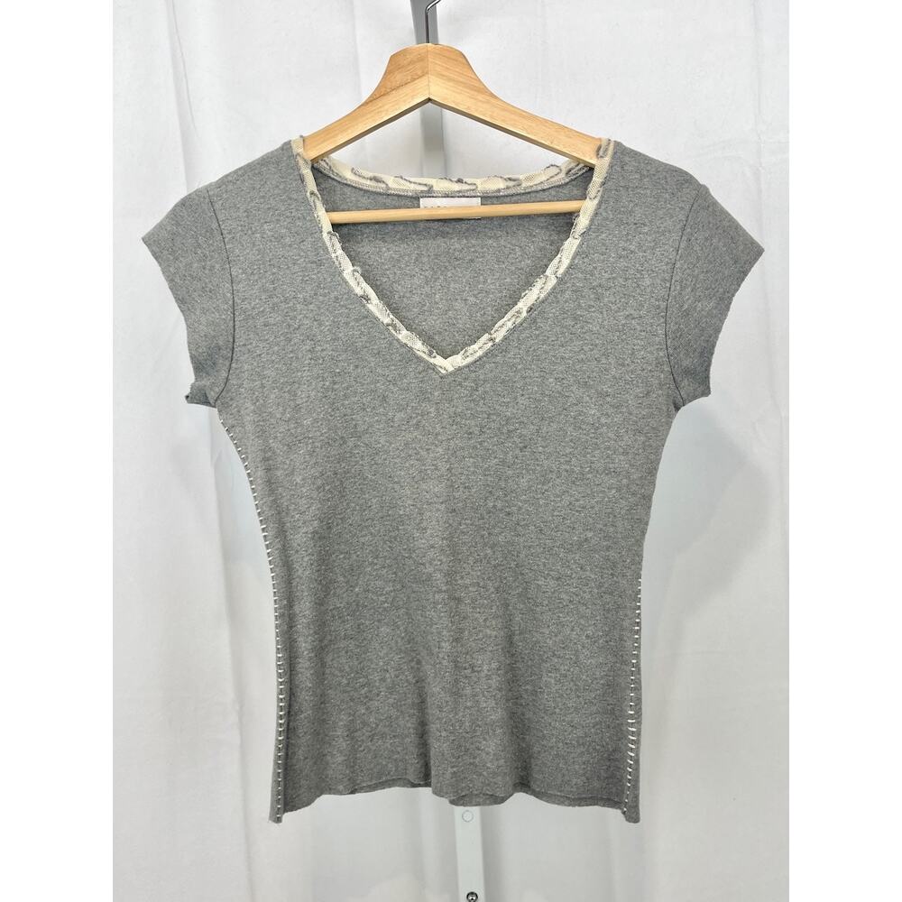 FITIGUES Cap Short Sleeve V Neck Tee Shirt Mesh Trim Gray Cream Estimated XS
